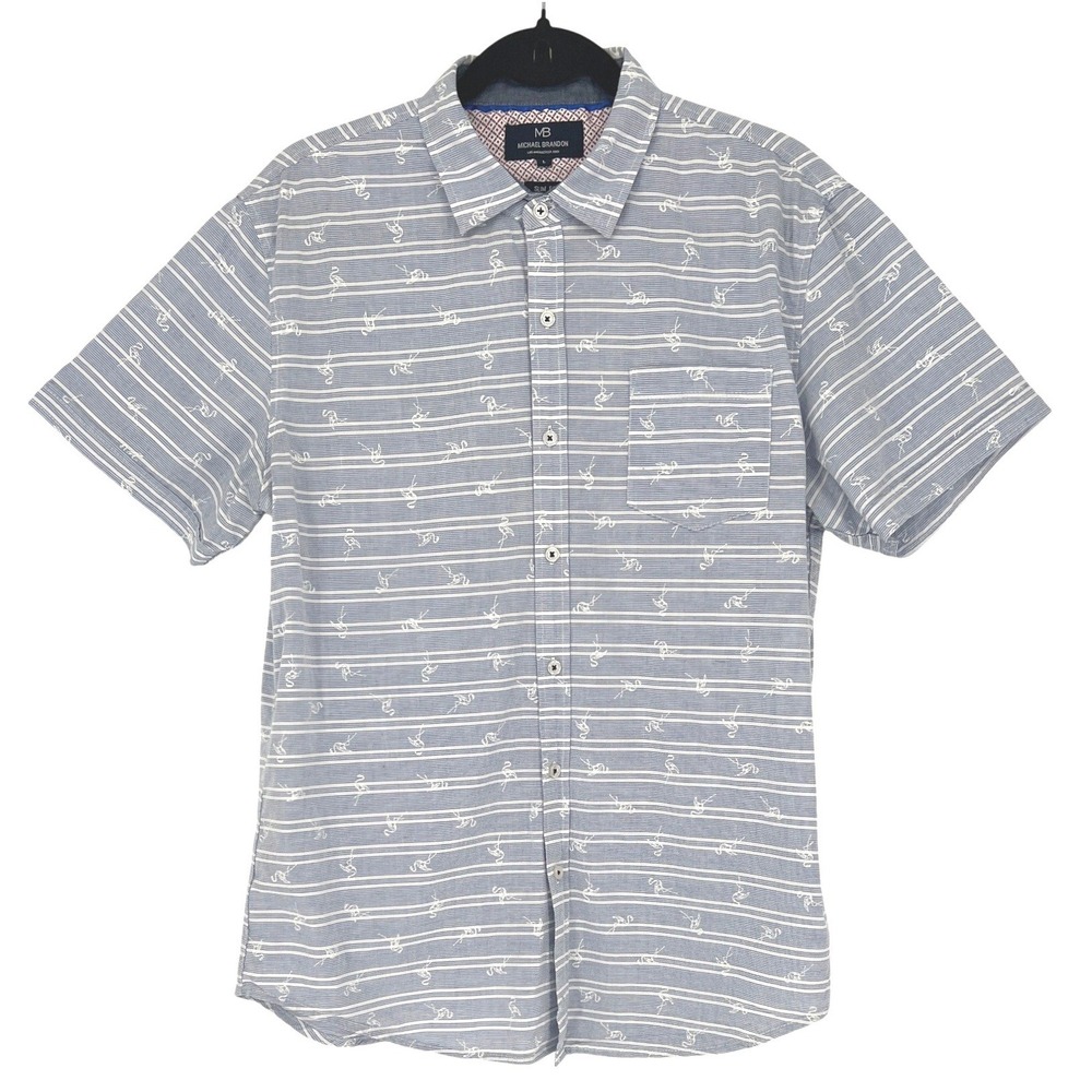 Michael Brandon Slim Fit Button‎ Up Shirt Large Blue Stripe Flamingo Print Beach